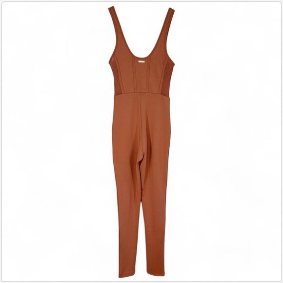 Bebe Gingerbread Mesh Detail Catsuit Jumpsuit Stretch Knit Bodycon NWT NEW XS - Picture 5 of 6